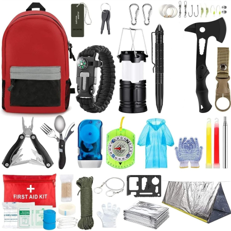 Camping - Kit de Supraviețuire Multifuncțional, Flippy, Set cu 32 de Instrumente și Accesorii Profesionale, Trusă Medicală, Agățătoare pentru Ghiozdan, pentru Camping, Drumeții și Aventuri în Aer Liber, 20x15x1
