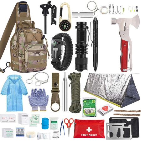 Camping - Kit de Supraviețuire Multifuncțional, Flippy, Set cu 40 de Accesorii și Instrumente Profesionale, Trusă de Prim Ajutor, pentru Camping, Drumeții și Aventuri în Aer Liber, cu Borsetă de Depozitare Incl
