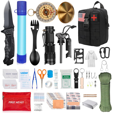 Camping - Kit de Supraviețuire Multifuncțional, Flippy, Set cu 40 de Instrumente și Accesorii, Echipament pentru Prim Ajutor, Drumeții, Camping și Activități în Aer Liber, Depozitare Compactă, Negru
