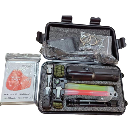 Camping - Kit supravietuire multifunctional, Flippy, Instrumente profesionale, Tip Valiza, pentru Camping, Drumetii, Aventuri in aer liber, 130x210 cm, Negru