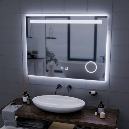 Articole pentru baie - Oglinda LED Rectangulara, 80x60cm, Piano Touch, Sistem Dezaburire, Dimabila, Lumina Rece 6000K
