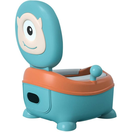 Articole pentru baie - Olita pentru Copii , +6 luni, Compartiment Detasabil, cu Capac, Antiderapanta, din Plastic, Colac Moale, Model Animat Ciclop, cu Maner, 33 x 21 x 45 cm, Albastru/Portocaliu