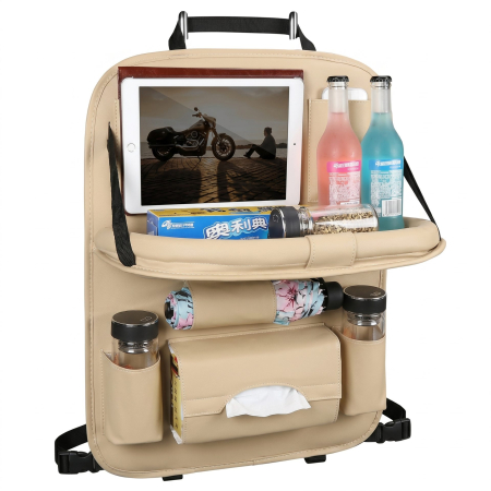 Accesorii Auto - Organizator Spate Scaun Auto, Flippy, Masa Pliabila, Piele Ecologica, Impermeabil, Suport pentru Tableta, Sortare Lucruri si Protejare Tapiterie, 40 x 63cm, Bej