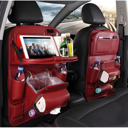 Accesorii Auto - Organizator Spate Scaun Auto, Flippy, Masa Pliabila, Piele Ecologica, Impermeabil, Suport pentru Tableta, Sortare Lucruri si Protejare Tapiterie, 40 x 63cm, Bordo