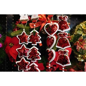 Ornament de brad trei stele cu paiete, Flippy, rosu, lemn, 36 cm [1]