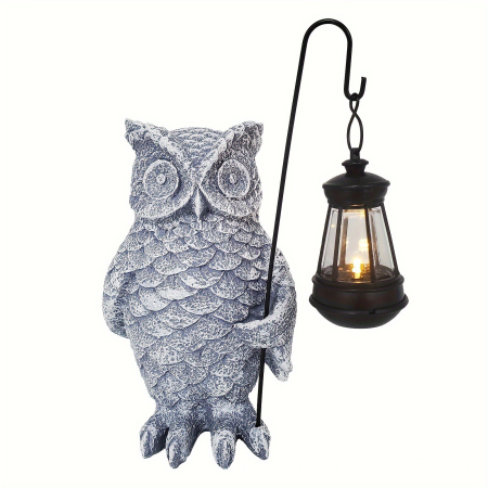 Diverse casa - Ornament de Decor pentru Gradina cu LED, Flippy, Model Bufnita cu Felinar, Decoratiune Exterioara pentru Casa si Gradina, din Rasina, 21.5x15 cm, Gri