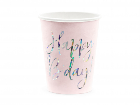 Pahare - Pahare Happy B'day!, roz pudrat deschis, 220ml (1 set. / 6 buc.)