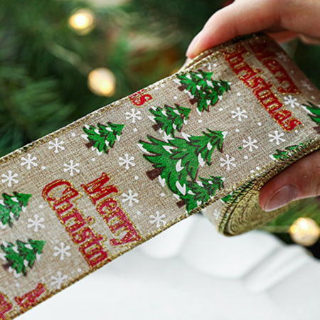 Panglica de Craciun pentru Decor Brad, Flippy, Panglica Decorativa de Craciun pentru Funde, Imprimeu Brazi Merry Christmas, 200 x 6.3 m, Khaki Verde Rosu [3]