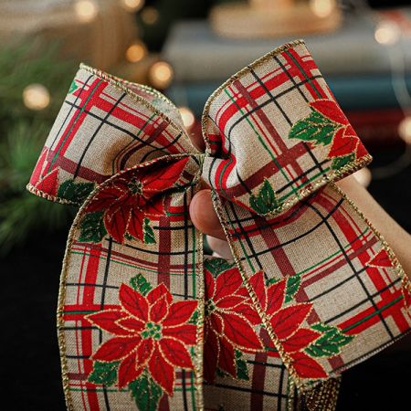 Panglica de Craciun pentru Decor Brad, Flippy, Panglica Decorativa de Craciun pentru Funde, Imprimeu Floare Rosie, 200 x 6.3 m, Khaki Rosu [2]