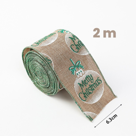 Decoratiuni Craciun - Panglica de Craciun pentru Decor Brad, Flippy, Panglica Decorativa de Craciun pentru Funde, Imprimeu Globulet Merry Christmas, 200 x 6.3 m, Khaki Alb Verde