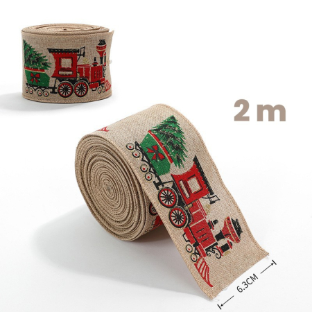 Decoratiuni Craciun - Panglica de Craciun pentru Decor Brad, Flippy, Panglica Decorativa de Craciun pentru Funde, Imprimeu Trenulet, 200 x 6.3 m, Khaki