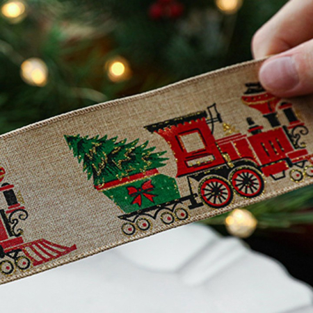 Panglica de Craciun pentru Decor Brad, Flippy, Panglica Decorativa de Craciun pentru Funde, Imprimeu Trenulet, 200 x 6.3 m, Khaki [2]