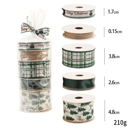 Craciun - Panglica Decorativa cu Tematica de Craciun, Flippy, Set din 4 bucat + 1 Rulon Ata Maro, Panglica pentru Cadou de Craciun Brad si Decor, 2 M per bucata, Model Brad, Alb Verde