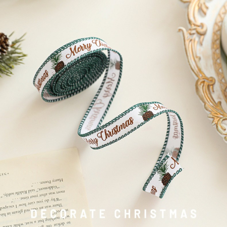 Panglica Decorativa cu Tematica de Craciun, Flippy, Set din 4 bucat + 1 Rulon Ata Maro, Panglica pentru Cadou de Craciun Brad si Decor, 2 M per bucata, Model Brad, Alb Verde [2]