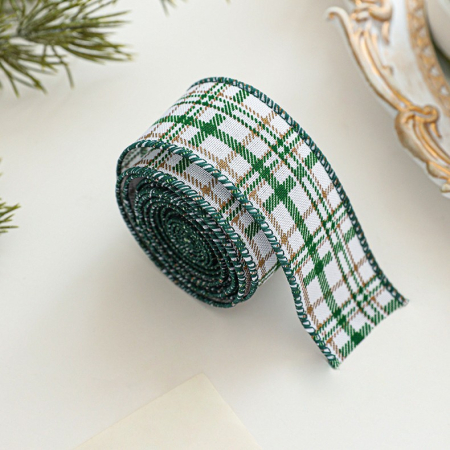 Panglica Decorativa cu Tematica de Craciun, Flippy, Set din 4 bucat + 1 Rulon Ata Maro, Panglica pentru Cadou de Craciun Brad si Decor, 2 M per bucata, Model Brad, Alb Verde [3]