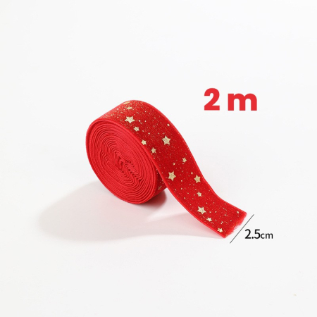 Decoratiuni Craciun - Panglica Decorativa de Craciun, Flippy, Panglica din Panza cu aspec de Catifea, Funda Ornament, Model cu Stele Aurii, Decor pentru Brad de Craciun, 200 x 2.5 cm, Rosu