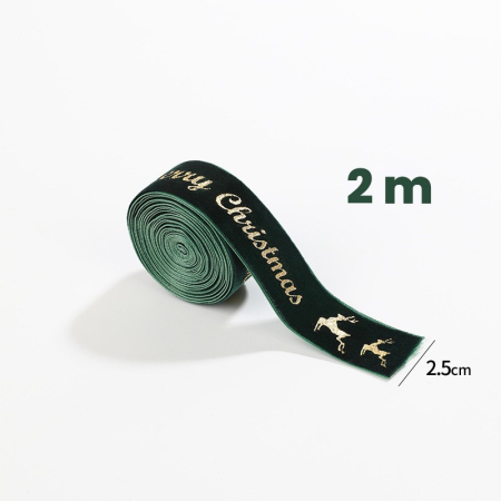 Decoratiuni Craciun - Panglica Decorativa de Craciun, Flippy, Panglica din Panza cu aspec de Catifea, Funda Ornament, Model Merry Christmas si Cerbi Aurii, Decor pentru Brad de Craciun, 200 x 2.5 cm, Verde