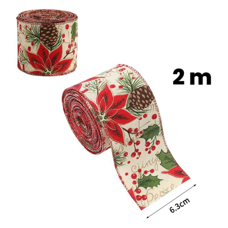 Panglica Decorativa pentru Craciun, Flippy, Ornament pentru Brad de Craciun, Pretreceri, Panglica cu Design Conuri si Floare Rosie, 200 x 6.3 cm, Khaki  [1]