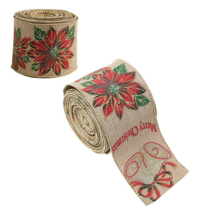 Decoratiuni Craciun - Panglica Decorativa pentru Craciun, Flippy, Ornament pentru Brad de Craciun, Pretreceri, Panglica cu Design Floare Rosie si Merry Christmas, 200 x 6.3 cm, Khaki 