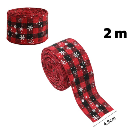 Decoratiuni Craciun - Panglica Decorativa pentru Craciun, Flippy, Ornament pentru Brad de Craciun, Pretreceri, Panglica cu Design Fulgi, 200 x 4.8 cm, Negru Rosu