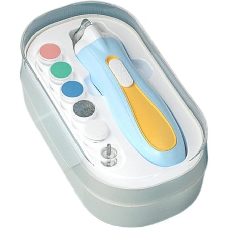 Ingrijire Unghii - Pila Electrica, Flippy, pentru Copii si Bebelusi, din ABS, 6 Accesorii, cu Lumina LED, 9.5 x 6 x 17 cm, Albastru/Portocaliu