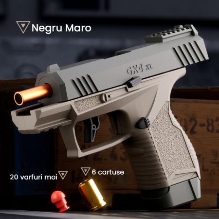 Pistol de jucarie GX4 cu Ejectie, Flippy, de Explozie de buzunar, Makara BLOWBACK, Gloante Moi pentru Copii, 15 x 13 x 3.5 cm, Negru Maro [1]
