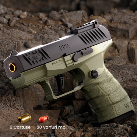 Pistol de jucarie GX4 cu Ejectie, Flippy, de Explozie de buzunar, Makara BLOWBACK, Gloante Moi pentru Copii, 15 x 13 x 3.5 cm, Negru Verde deschis [1]