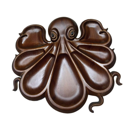 Diverse casa - Platou pentru Servire, Flippy, in Forma de Caracatita, 8 Compartimente pentru Mezeluri Branzeturi Snacksuri, Design Artistic, din Lemn Masiv, 26 x 25 x 3 cm, Maro inchis