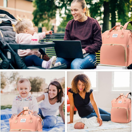 Rucsac Multifunctional pentru Mamici, Flippy, cu Patut Pliabil si Baza de Schimbat, Rezistent la Apa, Capacitate Mare, Usor, Compartimente Multiple, Buzunar Termic pentru Lapte, 42 x 32 x 22 cm, Roz P [1]