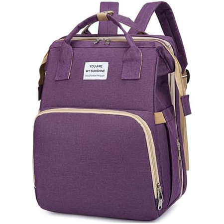 Rucsac Multifunctional pentru Mamici, Flippy, cu Patut Pliabil si Baza de Schimbat, Rezistent la Apa, Capacitate Mare, Usor, Compartimente Multiple, Buzunar Termic pentru Lapte, 42 x 32 x 22 cm, Mov [2]