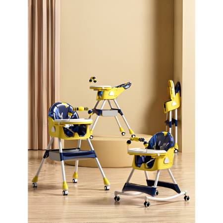 Scaun de Masa pe Roti pentru Copii, Flippy, 2 Tavite si Husa Detasabile, Multifuncțional, Stabil, Centura de Siguranta, Spatar Reglabil Moale, Balansoar, Cos de Depozitare, de la 6 Luni, Galben [2]