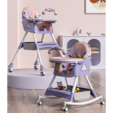 Scaun de Masa pe Roti pentru Copii, Flippy, 2 Tavite si Husa Detasabile, Multifuncțional, Stabil, Centura de Siguranta, Spatar Reglabil Moale, Balansoar, Cos de Depozitare, de la 6 Luni, Mov [2]