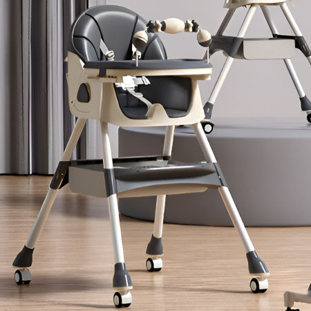 Scaun de Masa pe Roti pentru Copii, Flippy, 2 Tavite si Husa Detasabile, Multifuncțional, Stabil, Centura de Siguranta, Spatar Reglabil Moale, Balansoar, Cos de Depozitare, de la 6 Luni, Gri [1]