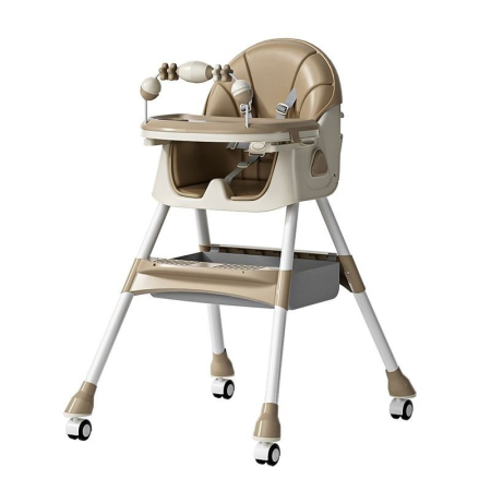 Scaune de masa bebe - Scaun de Masa pe Roti pentru Copii, Flippy, 2 Tavite si Husa Detasabile, Multifuncțional, Stabil, Centura de Siguranta, Spatar Reglabil Moale, Balansoar, Cos de Depozitare, de la 6 Luni, Crem