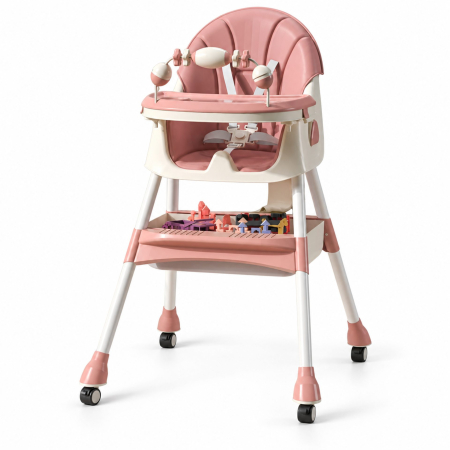 Scaune de masa bebe - Scaun de Masa pe Roti pentru Copii, Flippy, 2 Tavite si Husa Detasabile, Multifuncțional, Stabil, Centura de Siguranta, Spatar Reglabil Moale, Cos de Depozitare, de la 6 Luni, Roz