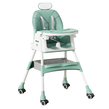 Scaune de masa bebe - Scaun de Masa pentru Bebelusi si Copii Flippy, cu Roti, cu Tetiera, Telescopic, Pliabil, Masuta Reglabila, Suport Picioare, Scaun cu Invelis Piele Artificiala, Centura Siguranta, Spatiu Depozitare, 97