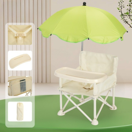 Scaun de Masa pentru Bebelusi si Copii, Flippy, Tavita si Husa Detasabile, Multifuncțional, Stabil, Centura de Siguranta, Cos de Depozitare, Bej, cu Umbrela Verde, de la 6 Luni [1]