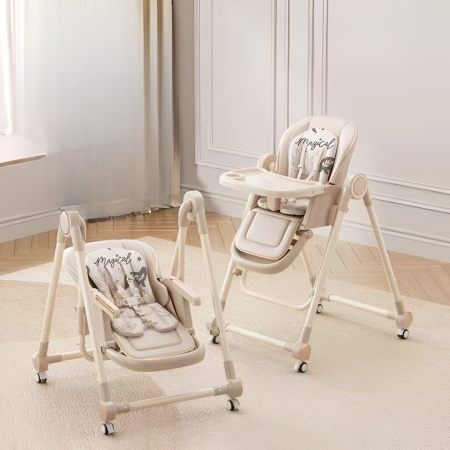 Scaun de Masa pentru Bebelusi si Copii, Flippy, Tavita si Husa Detasabile, Multifuncțional, Stabil, Centura de Siguranta, Inaltime Ajustabila, Spatar Reglabil Moale, Balansoar, de la 6 Luni, Bej [2]