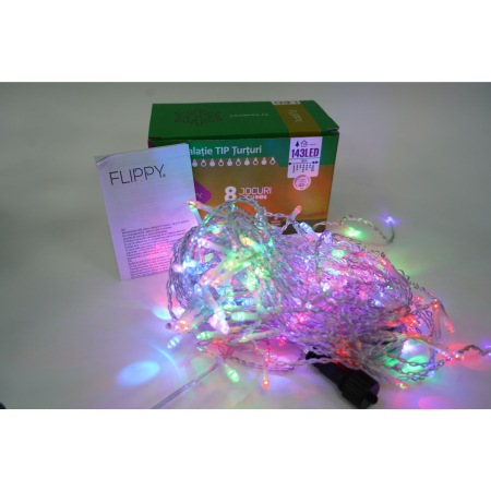Accesorii si componente - Sectiune Instalatie de Craciun Flippy® Tip Turturi, Flash 5 m, 143 LED-uri, Interconectabila, Fir Transparent, RB-RG, Atentie! nu contine alimentator