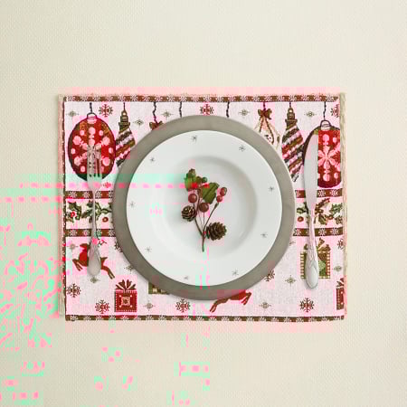 Articole Craciun Bucatarie - Servet pentru Masa, Flippy, Model Globulete si Cadouri, Tematica Craciun, 43 x 34 cm, Rosu
