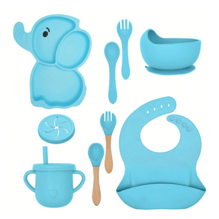Articole Diverse copii - Set 10 Piese Servire Masa. Flippy, pentru Bebelusi si Copii, din Silicon/Lemn, cu Ventuze Anti-alunecare, fara Alergeni. +6 Luni, Model Elefant, Albastru