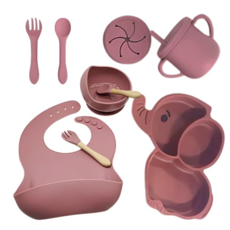 Articole Diverse copii - Set 10 Piese Servire Masa. Flippy, pentru Bebelusi si Copii, din Silicon/Lemn, cu Ventuze Anti-alunecare, fara Alergeni. +6 Luni, Model Elefant, Maro