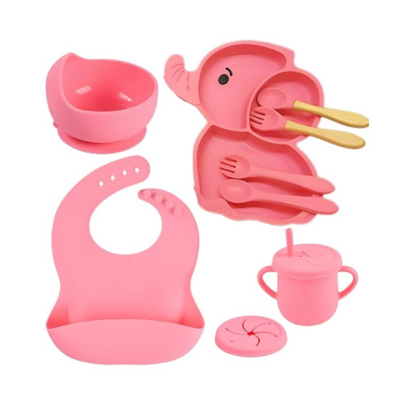Articole Diverse copii - Set 10 Piese Servire Masa. Flippy, pentru Bebelusi si Copii, din Silicon/Lemn, cu Ventuze Anti-alunecare, fara Alergeni. +6 Luni, Model Elefant, Roz
