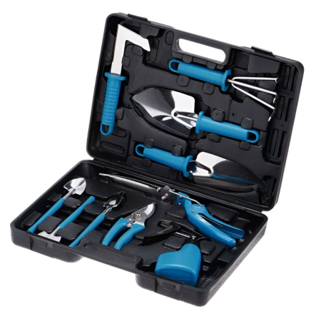 Diverse casa - Set 10 Unelte de Gradina, Flippy, pentru Plantare Prelucrare Sol si Ingrijire Plante, Manere Albastre, Material PVC si Otel Inoxidabil, Cutie Inclusa, 37x28x7 cm, Negru