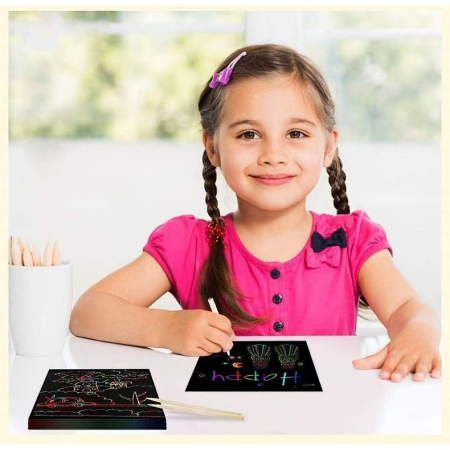 Set 100 de Foi de Hartie de Razuit, Flippy, cu Creion din Bambus, pentru Desen, 8.5 x 8.5, Curcubeu, Negru [1]