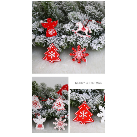 Ornamente Brad - Set 12 Decoratiuni de Craciun din Lemn, Flippy, cu Snur pentru Agatare in Brad, Model Brazi si Fulgi de Nea, Alb-Rosu