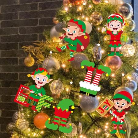 Set 12 Decoratiuni de Craciun din Lemn, Flippy, cu Snur pentru Agatare in Brad, Model Caciulite 6.3x5.2 cm si Pantaloni 6.3x6 cm, Multicolor [4]