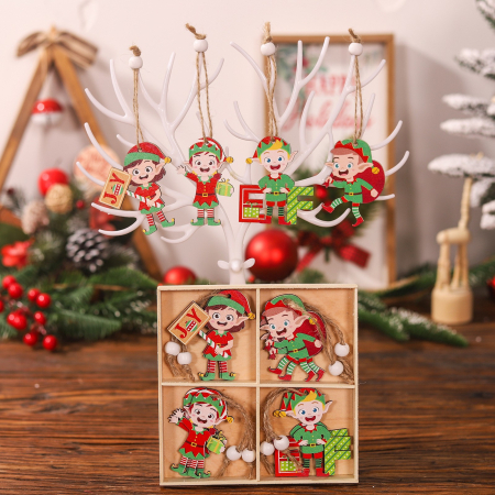 Set 12 Decoratiuni de Craciun din Lemn, Flippy, cu Snur pentru Agatare in Brad, Model Elfi Diferite Dimensiuni, 4 Modele, Multicolor [1]