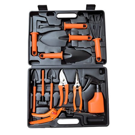 Diverse casa - Set 12 Unelte de Gradina, Flippy, pentru Plantare Prelucrare Sol si Ingrijire Plante, Manere Portocalii, Material PVC si Cardboard, Cutie Inclusa, 37x28 cm, Negru