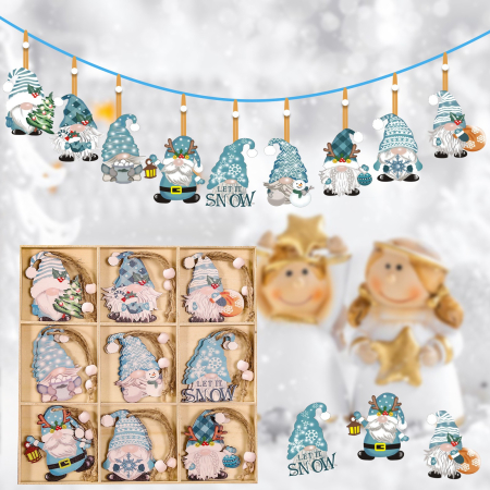 Set 18 Decoratiuni de Craciun din Lemn, Flippy, cu Snur pentru Agatare in Brad, Model Gnomi, Diferite Dimensiuni, Albastru [7]
